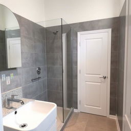 A small bathroom featuring a shower and a large sink, without a toilet