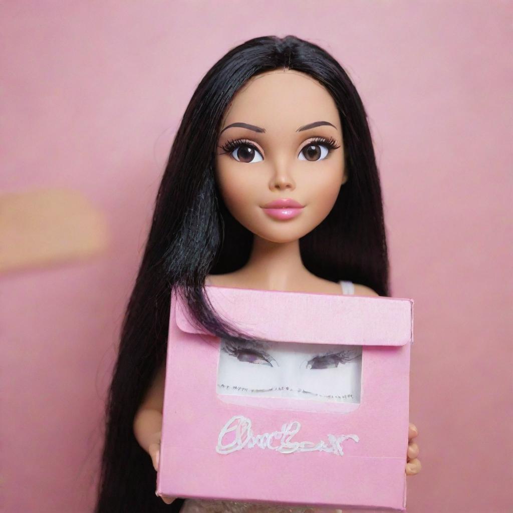 A Bratz doll with long, black hair, medium-sized, beautiful eyelashes, holding entire boxes of eyelashes in her hands.