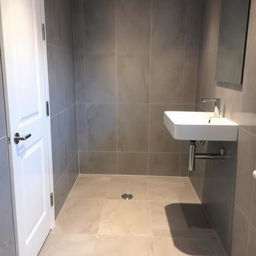 A small bathroom featuring a shower and a large sink, without a toilet