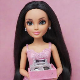 A Bratz doll with long, black hair, medium-sized, beautiful eyelashes, holding entire boxes of eyelashes in her hands.