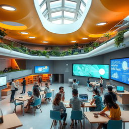 A vibrant, futuristic education environment titled "Incubadora de Ideas 2024" designed for students' creativity and innovation, spearheaded by Juan Manuel Troisi