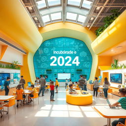 A vibrant, futuristic education environment titled "Incubadora de Ideas 2024" designed for students' creativity and innovation, spearheaded by Juan Manuel Troisi