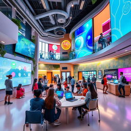 A vibrant, futuristic education environment titled "Incubadora de Ideas 2024" designed for students' creativity and innovation, spearheaded by Juan Manuel Troisi