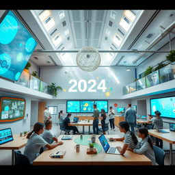 A vibrant, futuristic education environment titled "Incubadora de Ideas 2024" designed for students' creativity and innovation, spearheaded by Juan Manuel Troisi