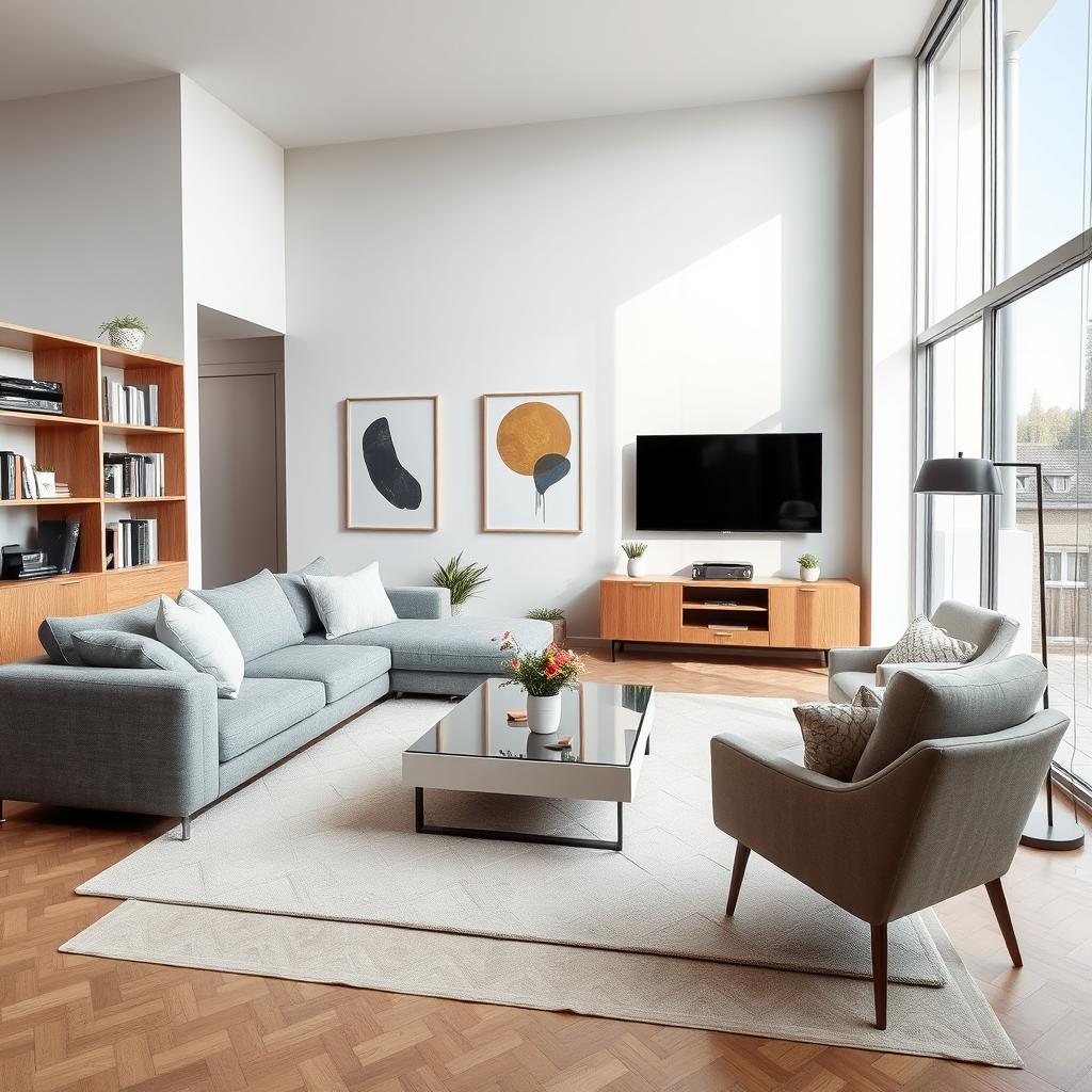 A spacious and elegant living room featuring modern furniture pieces