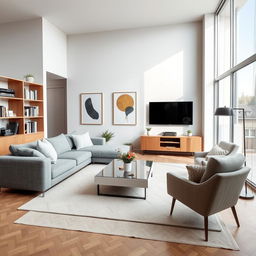 A spacious and elegant living room featuring modern furniture pieces