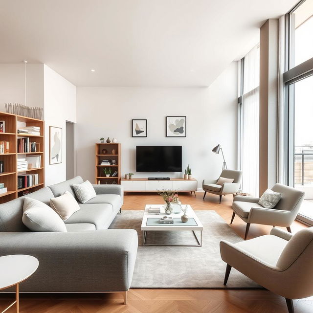 A spacious and elegant living room featuring modern furniture pieces