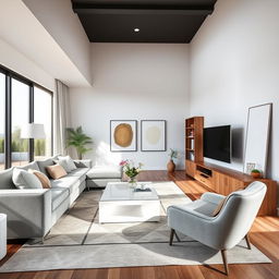 A spacious and elegant living room featuring modern furniture pieces