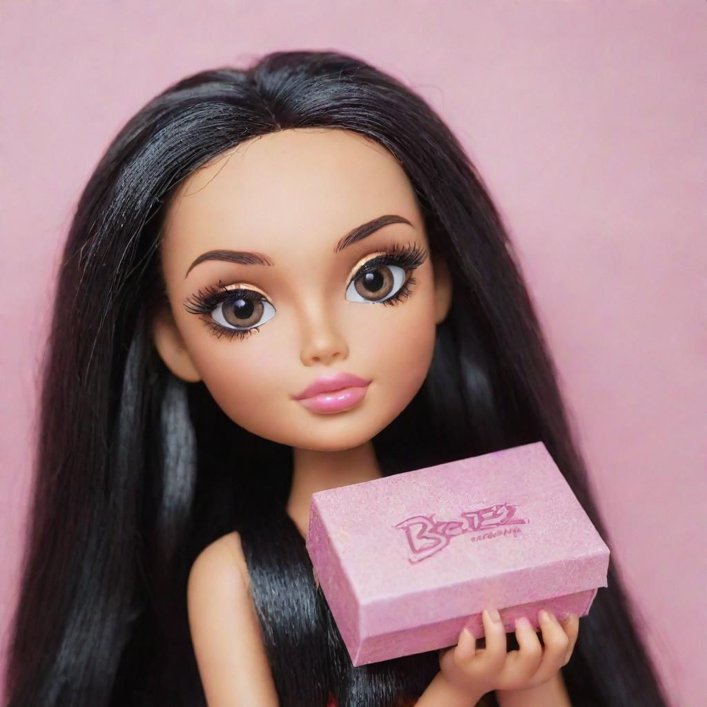 A Bratz doll with long, black hair, medium-sized, beautiful eyelashes, holding entire boxes of eyelashes in her hands.