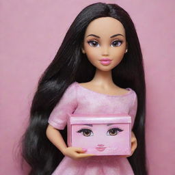 A Bratz doll with long, black hair, medium-sized, beautiful eyelashes, holding entire boxes of eyelashes in her hands.