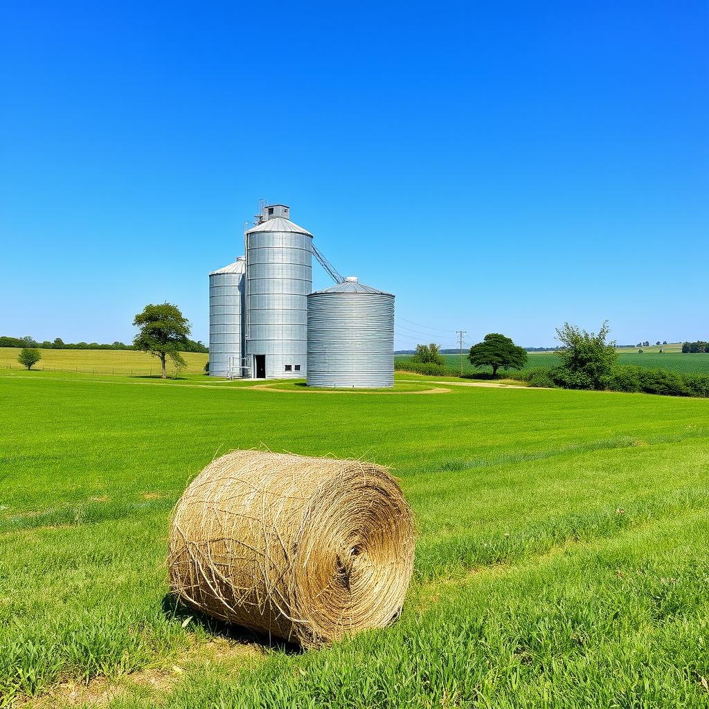 A picturesque farm landscape featuring a large grain silo, a rectangular water tank, and a neatly stacked cubic hay bale