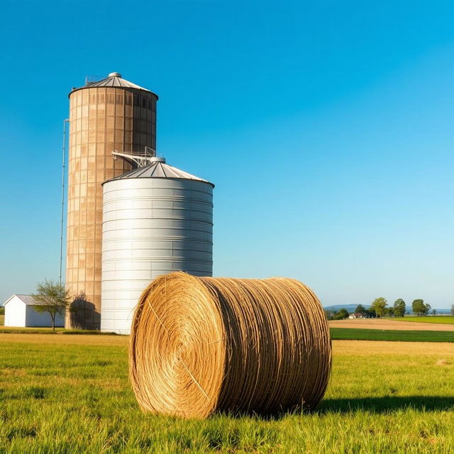 A picturesque farm landscape featuring a large grain silo, a rectangular water tank, and a neatly stacked cubic hay bale