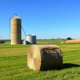 A picturesque farm landscape featuring a large grain silo, a rectangular water tank, and a neatly stacked cubic hay bale