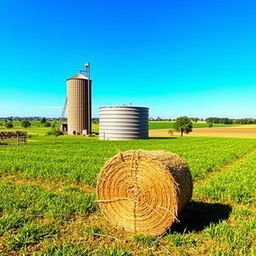 A picturesque farm landscape featuring a large grain silo, a rectangular water tank, and a neatly stacked cubic hay bale