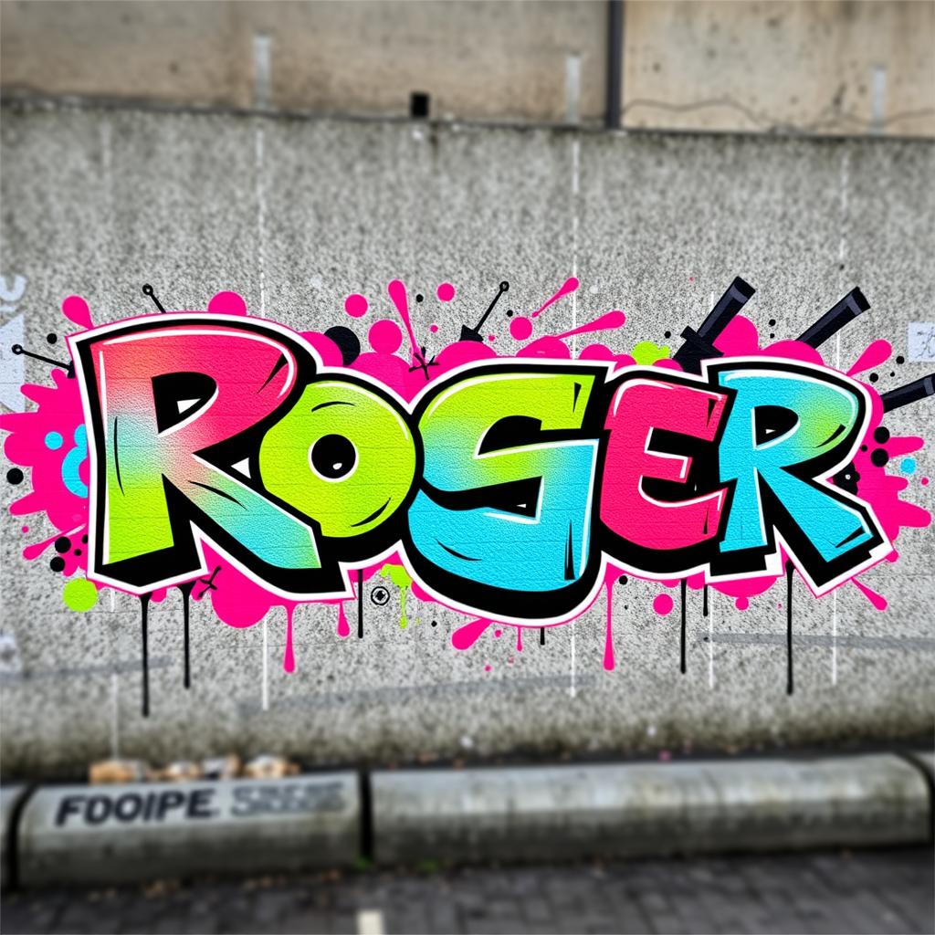 A bold and dynamic graffiti art piece featuring the name "Roger" prominently in the foreground