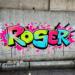 A bold and dynamic graffiti art piece featuring the name "Roger" prominently in the foreground