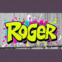 A bold and dynamic graffiti art piece featuring the name "Roger" prominently in the foreground