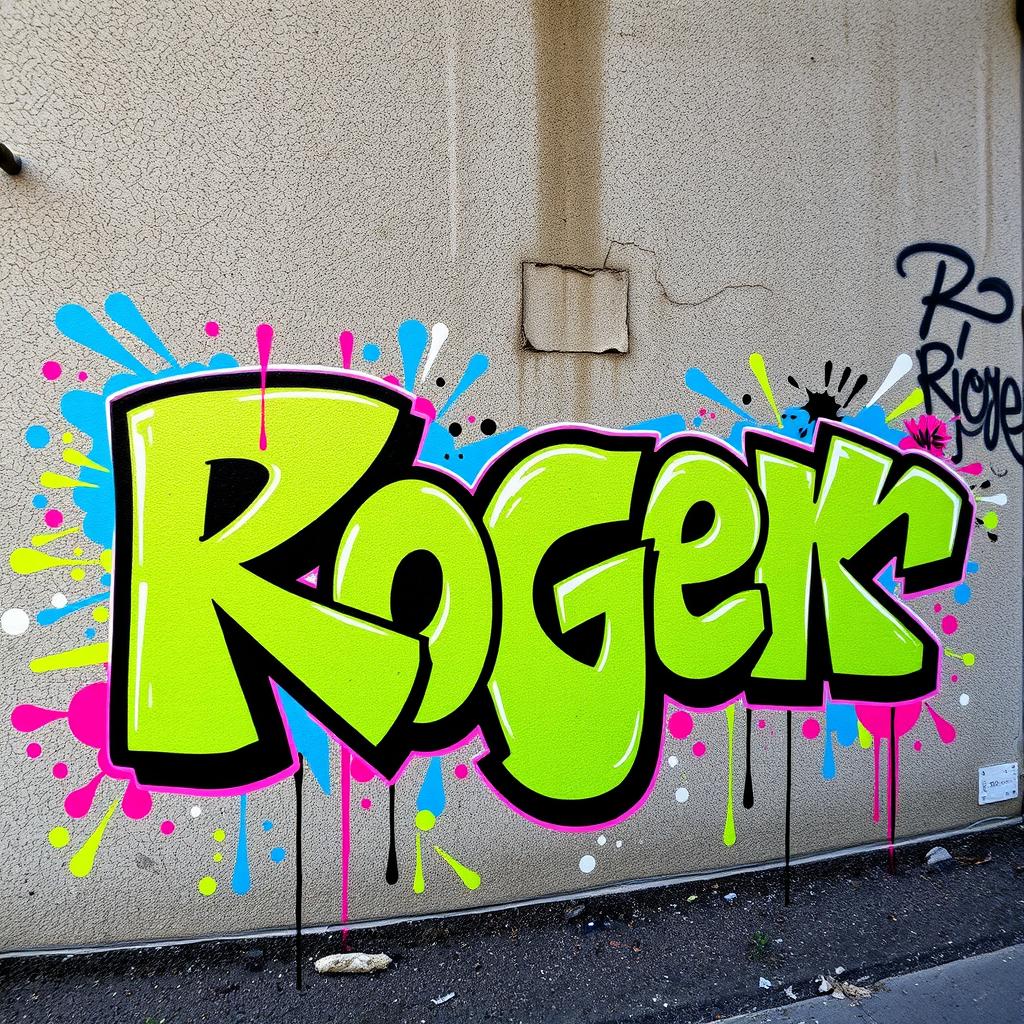 A bold and dynamic graffiti art piece featuring the name "Roger" prominently in the foreground