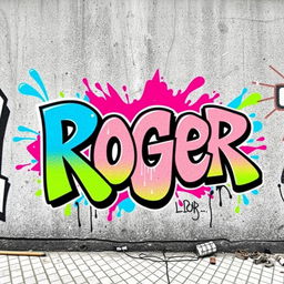 A bold and dynamic graffiti art piece featuring the name "Roger" prominently in the foreground