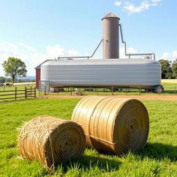 A charming countryside farm scene featuring a towering grain silo, a horizontal rectangular water tank, and a cube-shaped hay bale