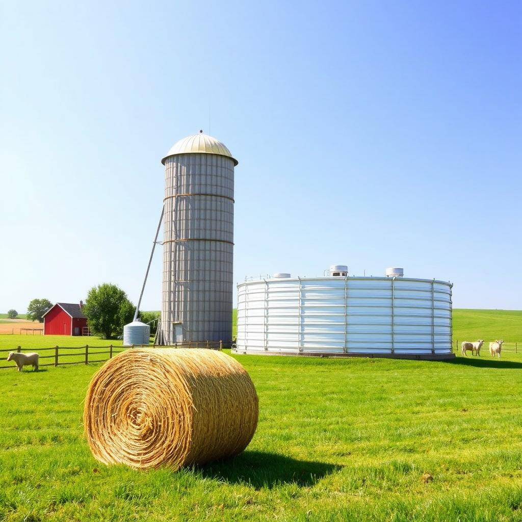 A charming countryside farm scene featuring a towering grain silo, a horizontal rectangular water tank, and a cube-shaped hay bale