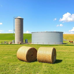 A charming countryside farm scene featuring a towering grain silo, a horizontal rectangular water tank, and a cube-shaped hay bale