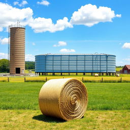 A charming countryside farm scene featuring a towering grain silo, a horizontal rectangular water tank, and a cube-shaped hay bale