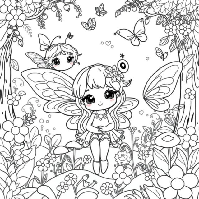 A kawaii-style coloring page featuring adorable fairies and elves surrounded by playful elements like lush forests and delicate flowers