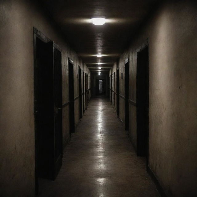 A long, dimly lit corridor of an old and haunting prison, representing the infamous 'death row', with heavy doors on each side, evoking a sense of desolation and fear.