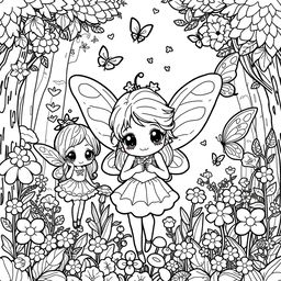 A kawaii-style coloring page featuring adorable fairies and elves surrounded by playful elements like lush forests and delicate flowers