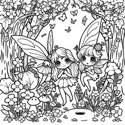 A kawaii-style coloring page featuring adorable fairies and elves surrounded by playful elements like lush forests and delicate flowers