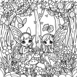 A kawaii-style coloring page featuring adorable fairies and elves surrounded by playful elements like lush forests and delicate flowers