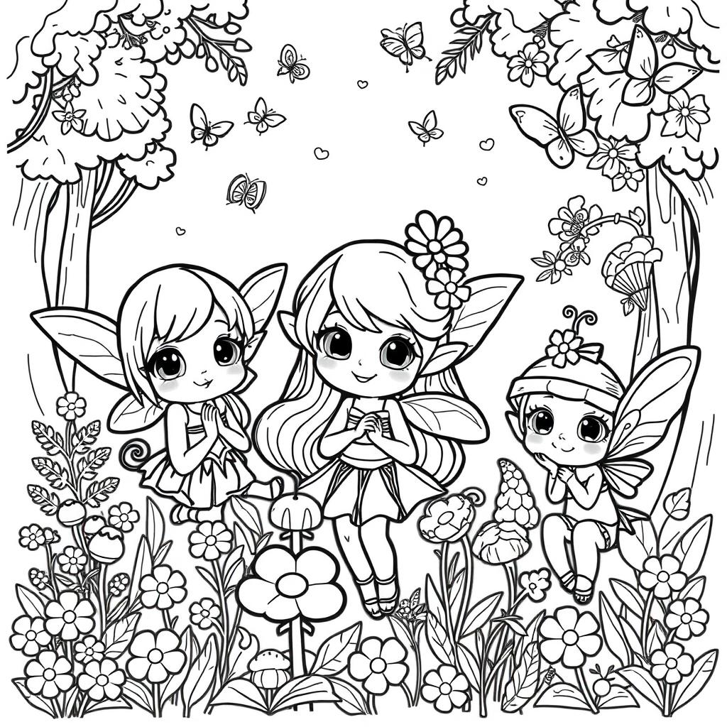 A kawaii-style coloring page featuring adorable fairies and elves surrounded by playful elements like lush forests and delicate flowers