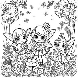 A kawaii-style coloring page featuring adorable fairies and elves surrounded by playful elements like lush forests and delicate flowers