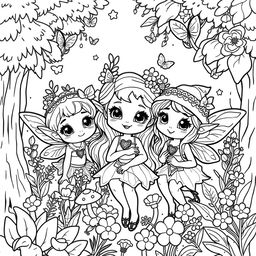 A kawaii-style coloring page featuring adorable fairies and elves surrounded by playful elements like lush forests and delicate flowers