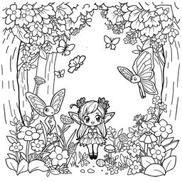 A kawaii-style coloring page featuring adorable fairies and elves surrounded by playful elements like lush forests and delicate flowers