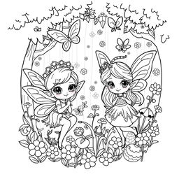 A kawaii-style coloring page featuring adorable fairies and elves surrounded by playful elements like lush forests and delicate flowers