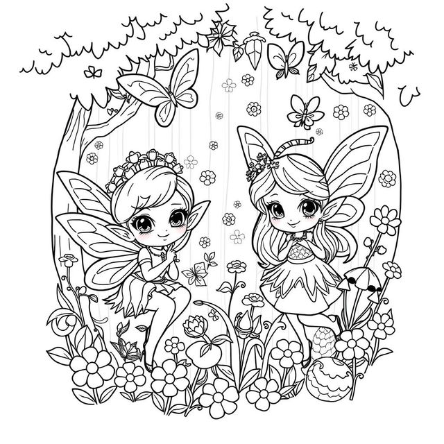 A kawaii-style coloring page featuring adorable fairies and elves surrounded by playful elements like lush forests and delicate flowers