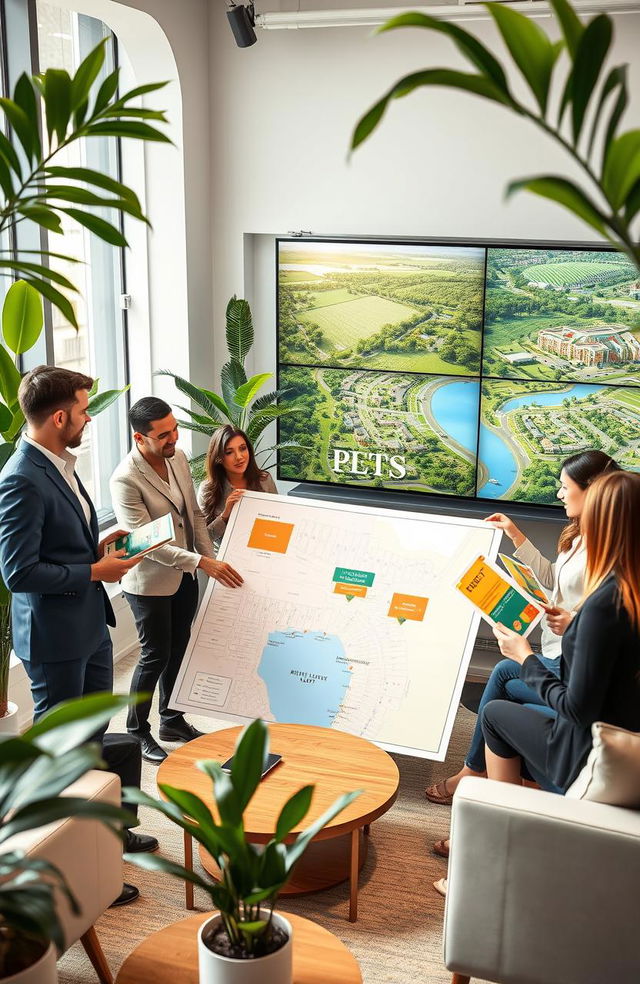 A vibrant real estate scene depicting a sales presentation for residential plots