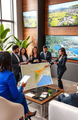 A vibrant real estate scene depicting a sales presentation for residential plots