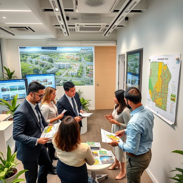 A bustling real estate office showcasing residential plot sales activity