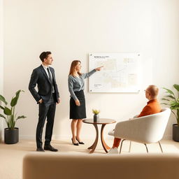 An elegant and simplified visual of a real estate office featuring a sales presentation for residential plots