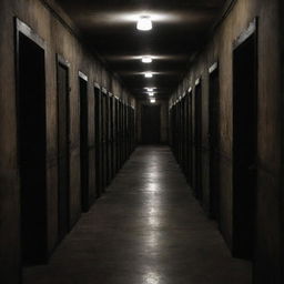 A long, dimly lit corridor of an old and haunting prison, representing the infamous 'death row', with heavy doors on each side, evoking a sense of desolation and fear.