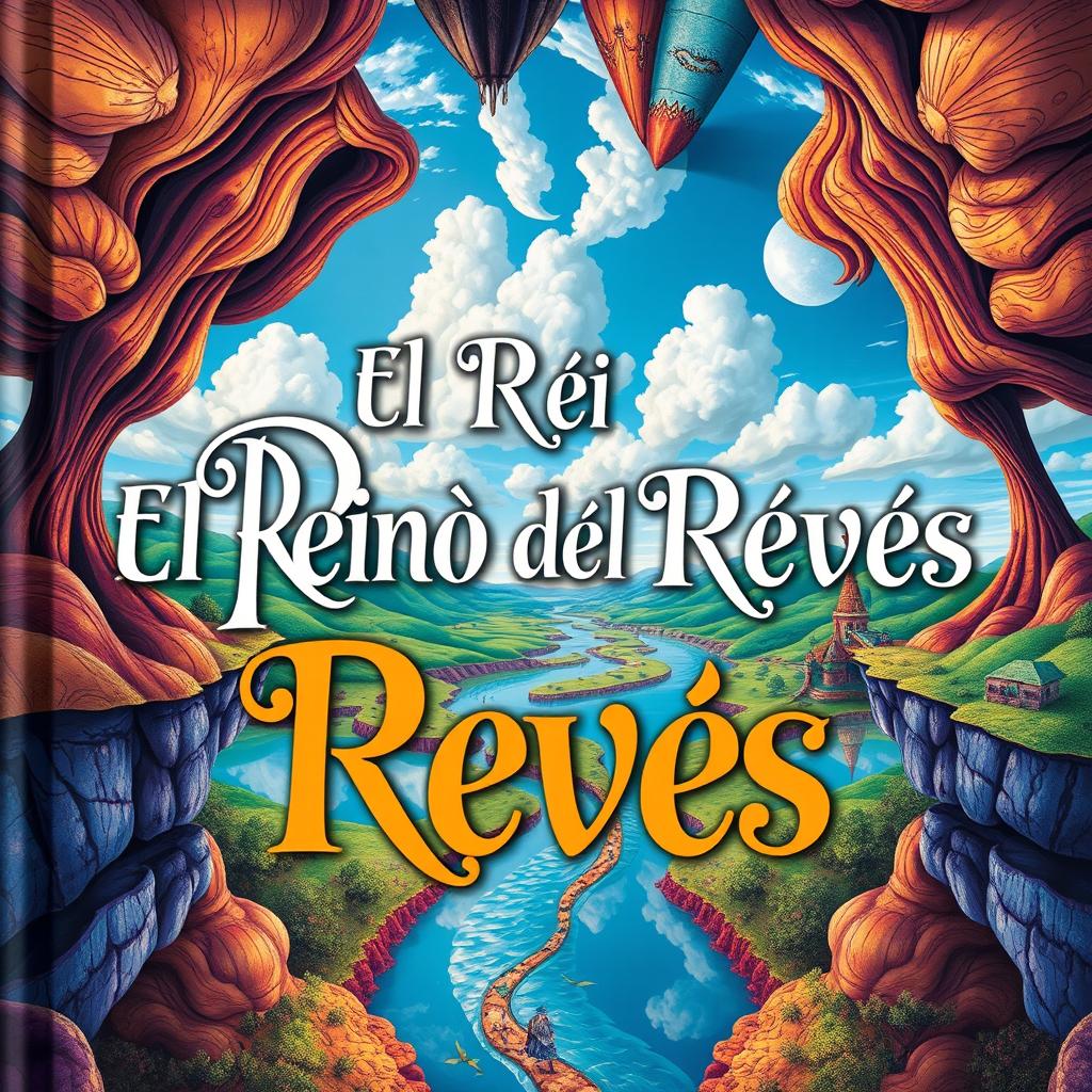 A whimsical and imaginative book cover titled "El Reino del Revés" with a focus on emphasizing the words "Reino" and "Revés" in an elegant and eye-catching font