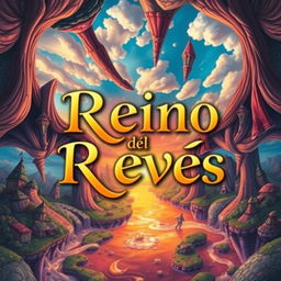 A whimsical and imaginative book cover titled "El Reino del Revés" with a focus on emphasizing the words "Reino" and "Revés" in an elegant and eye-catching font