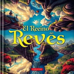 A whimsical and imaginative book cover titled "El Reino del Revés" with a focus on emphasizing the words "Reino" and "Revés" in an elegant and eye-catching font