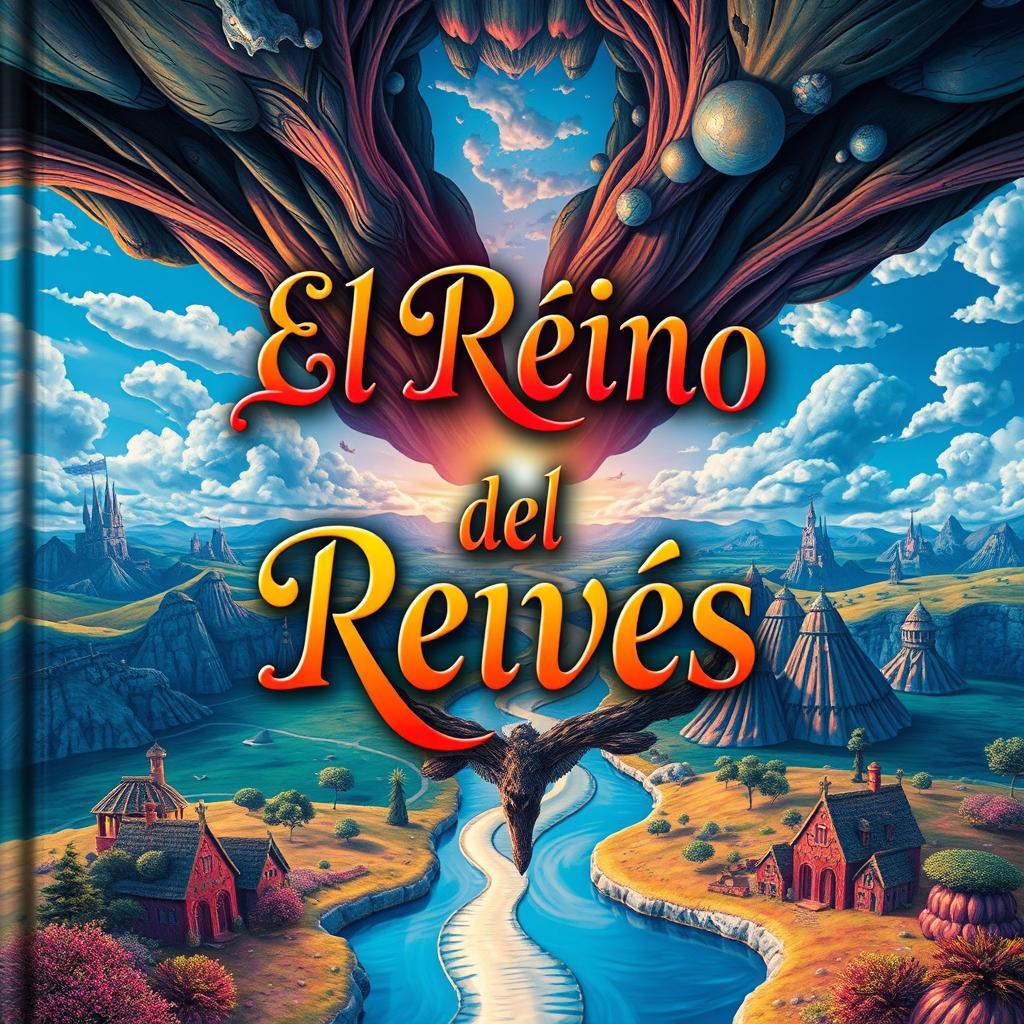 A whimsical and imaginative book cover titled "El Reino del Revés" with a focus on emphasizing the words "Reino" and "Revés" in an elegant and eye-catching font