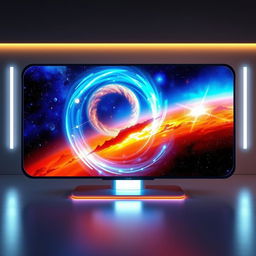 A futuristic TV model Q345D with a sleek, ultra-modern design, showcasing a science-themed display