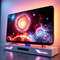 A futuristic TV model Q345D with a sleek, ultra-modern design, showcasing a science-themed display