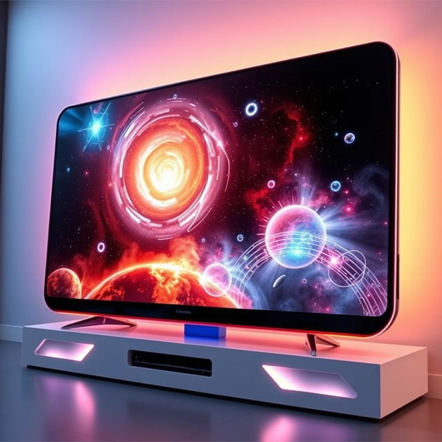 A futuristic TV model Q345D with a sleek, ultra-modern design, showcasing a science-themed display